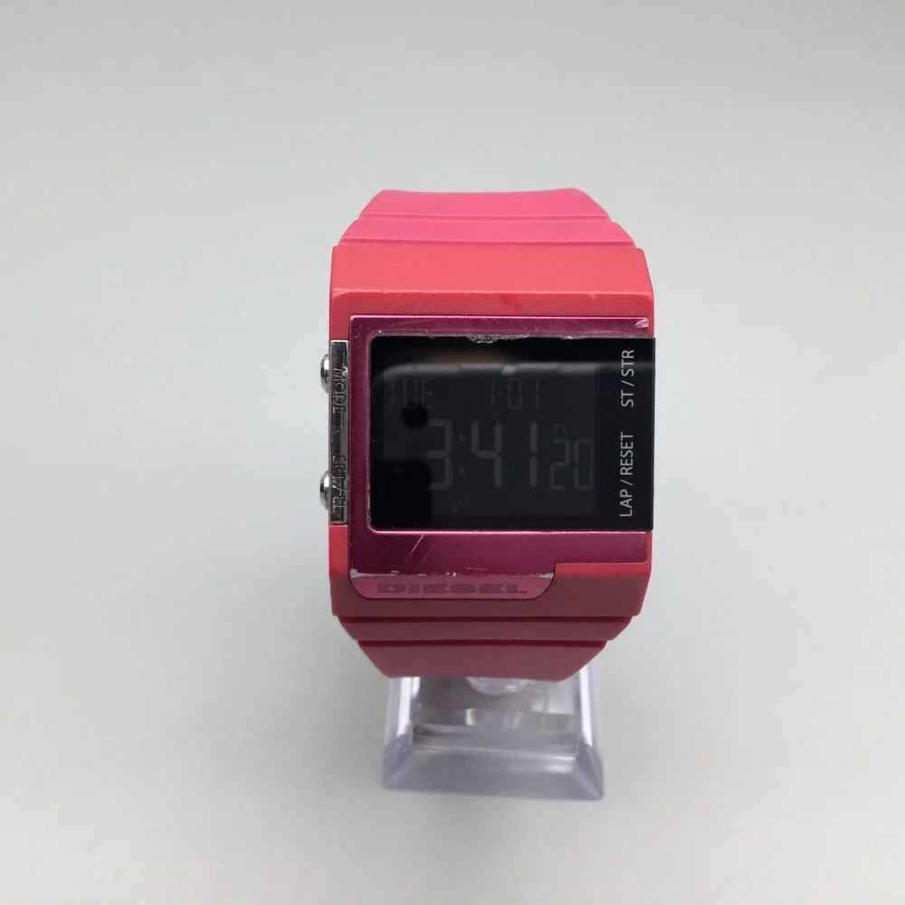 Diesel Womens Watch 38mm Black Digital Pink Rubber Backlight DZ7133 New Battery